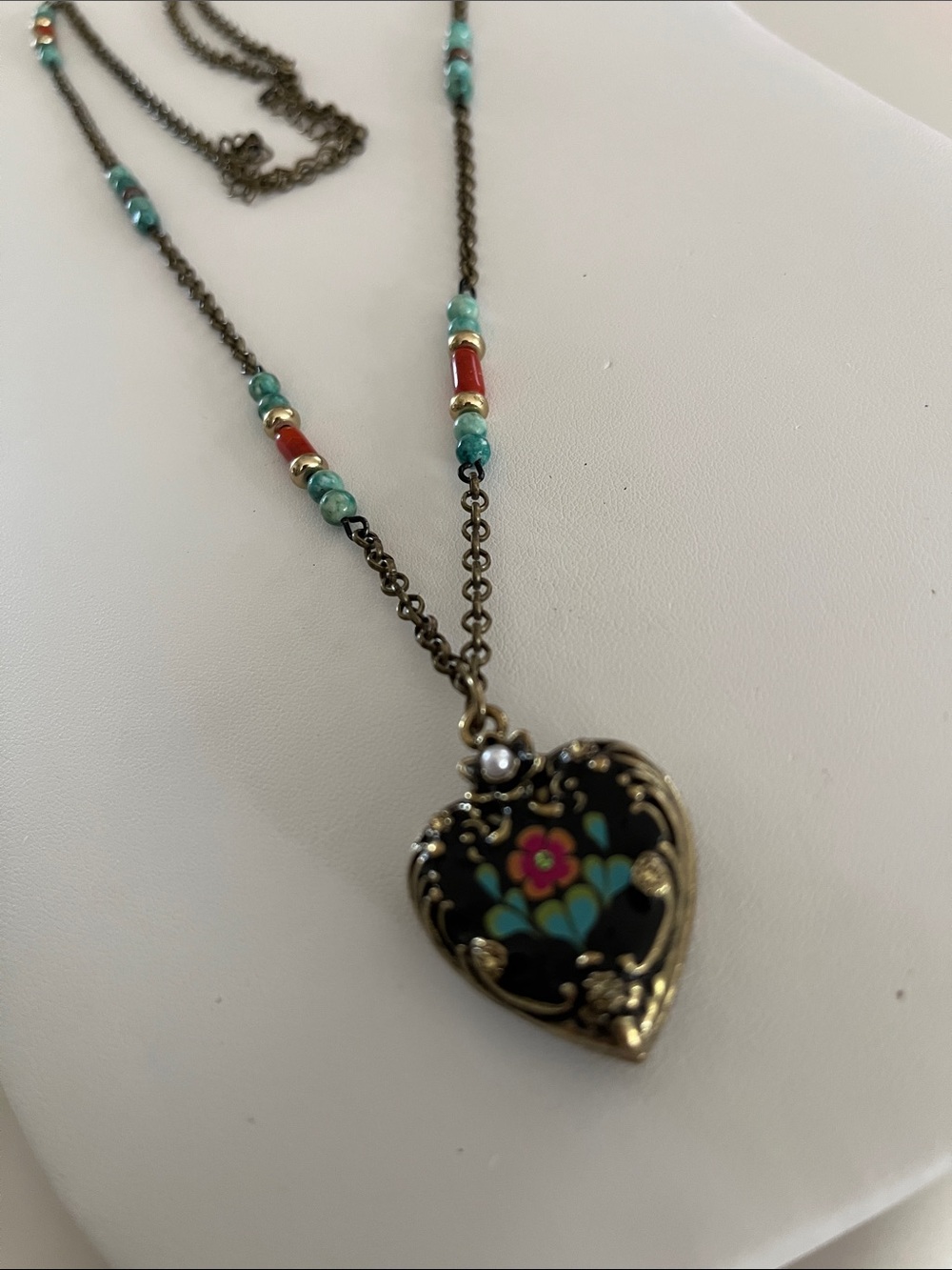 Vintage-Inspired Black Heart pendant Necklace with Turquoise and Coral Beads